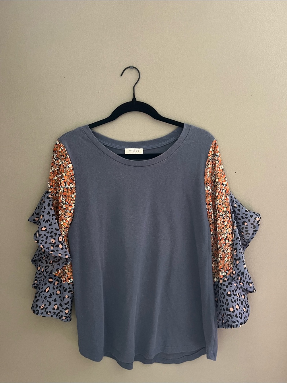 Umgee Blue Mixed-Print Ruffle Sleeve Long Sleeve T-Shirt Top Medium Eclectic